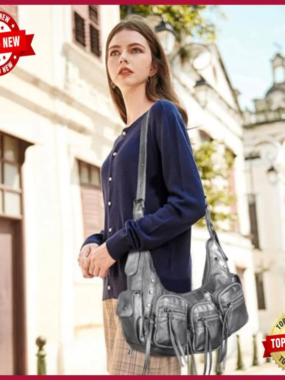 Y2K Vegan Leather Hobo Shoulder Bag with Studs Multi Pockets Satchel Handbag